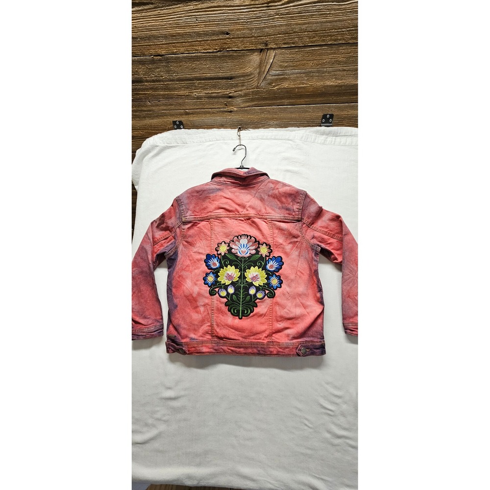 Tahari Kids Acid Wash Denim Jacket Coral Purple Floral Embroidered Back Size S